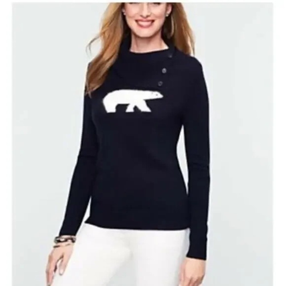 Talbots Sweater Womens M Navy Lambswool Rabbit Hair Polar Bear Cowl Neck Button‎